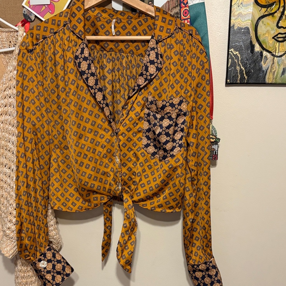 Free People mustard and navy blue patterned blouse
